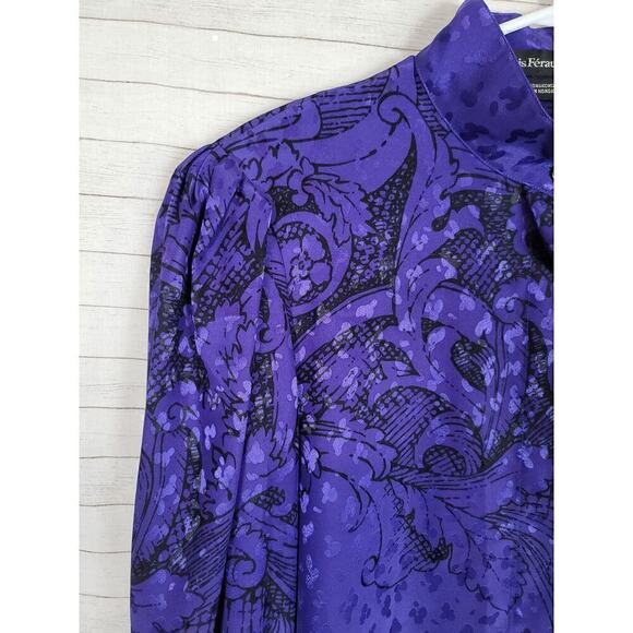 Louis Feraud Art Deco High Collar Lux Satin Button Down Blouse, sz 4 - Picture 2 of 16